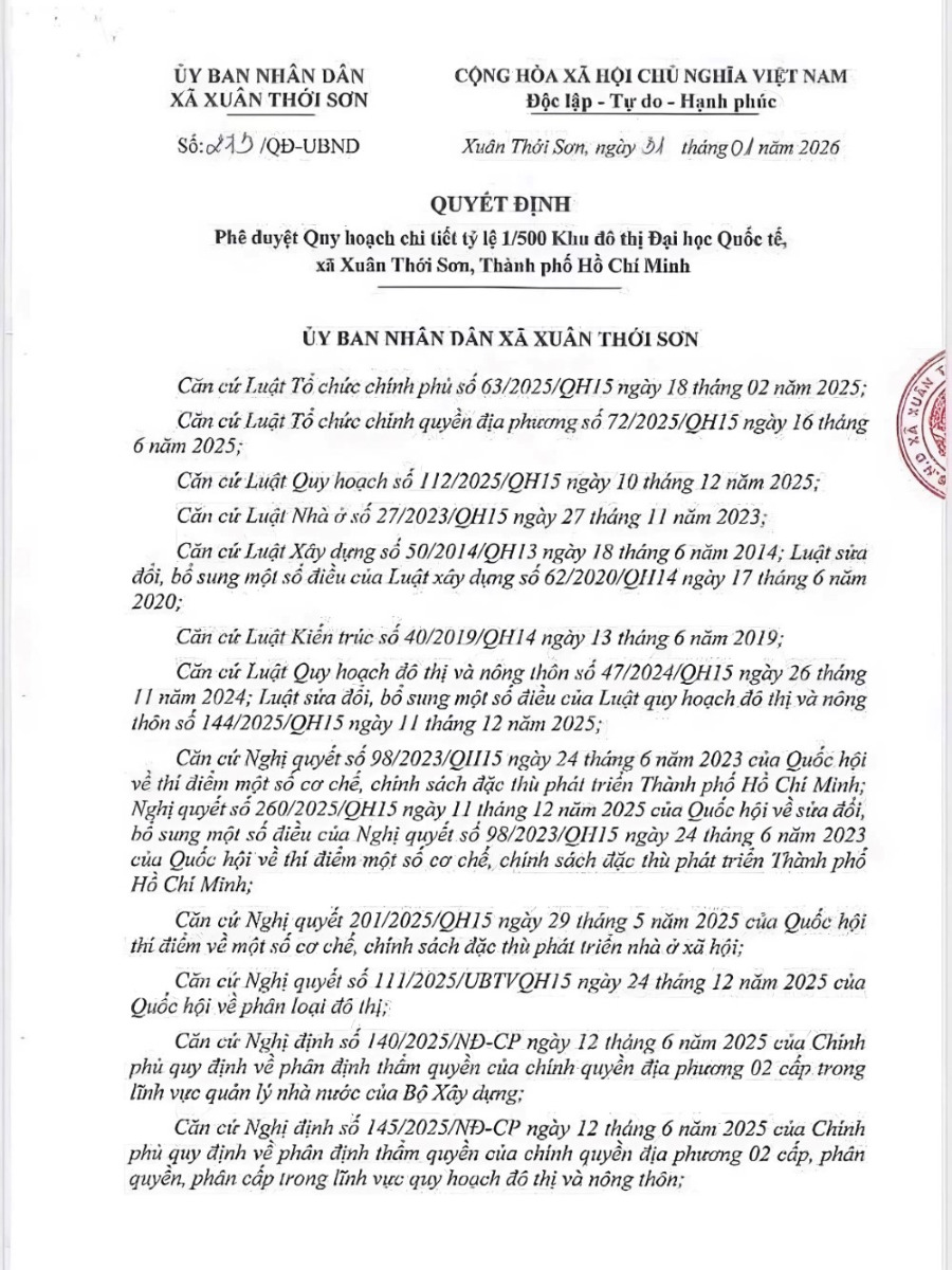 Phê duyệt quy hoạch chi tiết tỷ lệ 1/500 dự án Vinhomes Hóc Môn